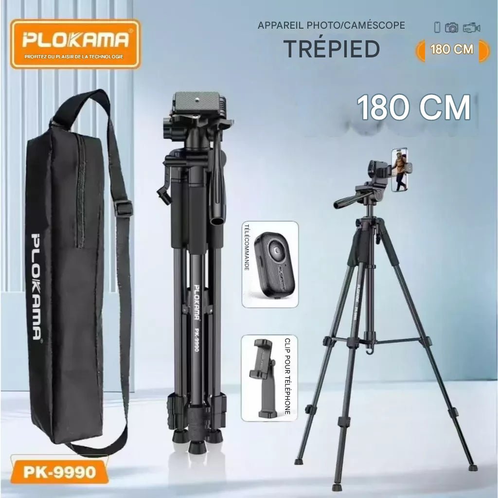 9990-yourtech6 Trépied PLOKAMA PK-9990 Premium 180 cm – Aluminium, Réglable, avec Télécommande Bluetooth et Housse de Transport - Image 1